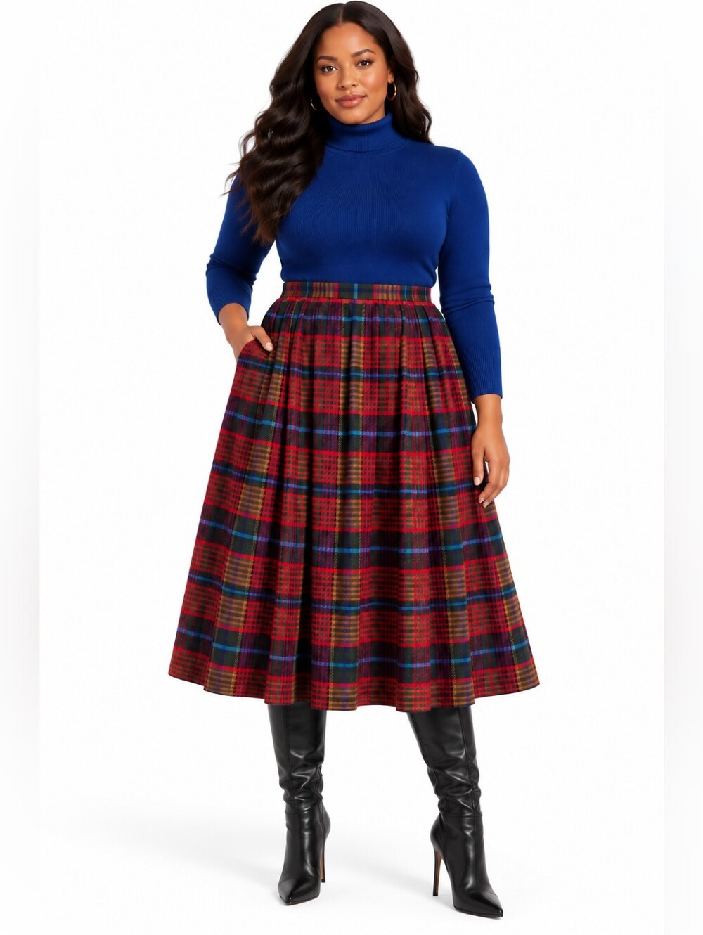 Vintage Schadder 100% Wool Tartan Plaid Pleated Midi Skirt Size 14 Red Green